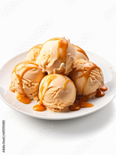 Plate of caramel ice cream on white background.