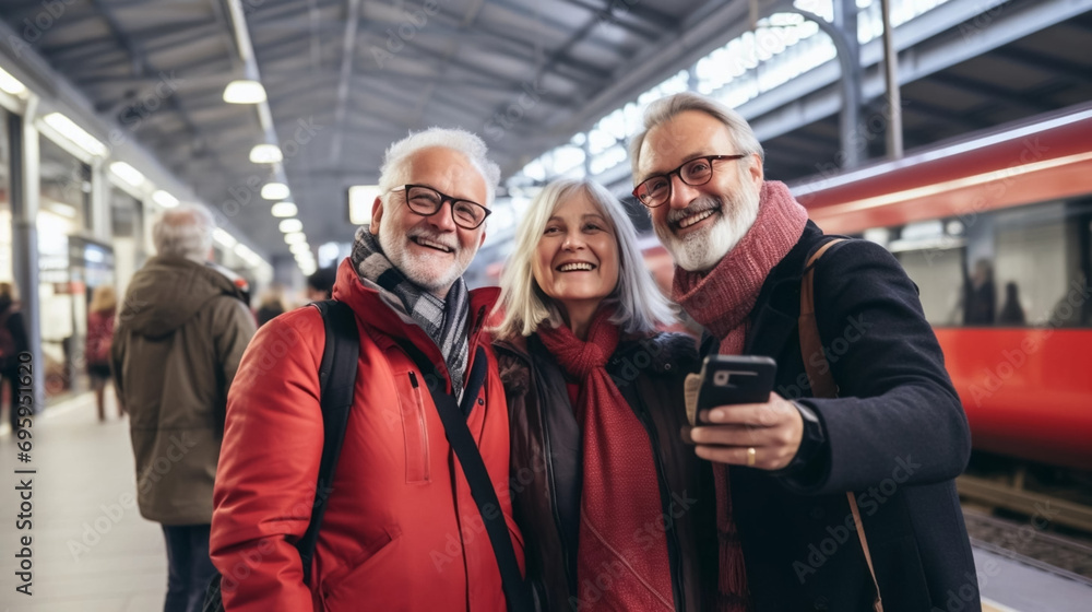Fototapeta premium copy space, stockphoto, Group of senior friends taking selfies on a smartphone at the train station. Healthy elderly friends making a selfie in the railway station. Happy elderly people. Good life ins