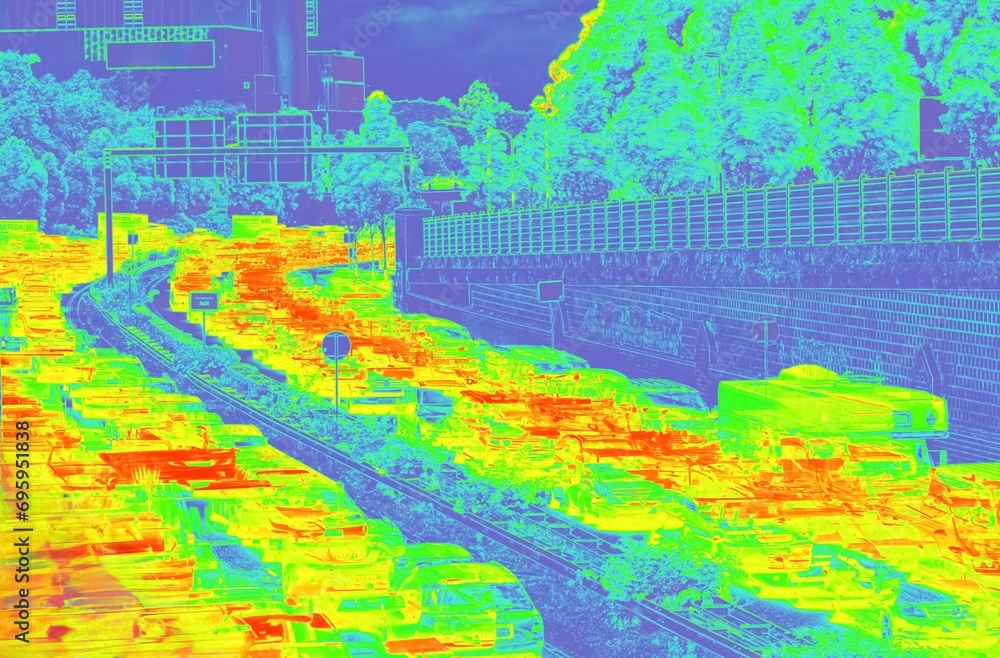 Infrared view of heavy fast moving traffic - motion infrared map.