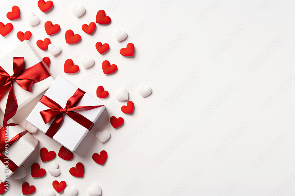 Red, White hearts and gift box on a white background Red, White hearts and gift box on a white background