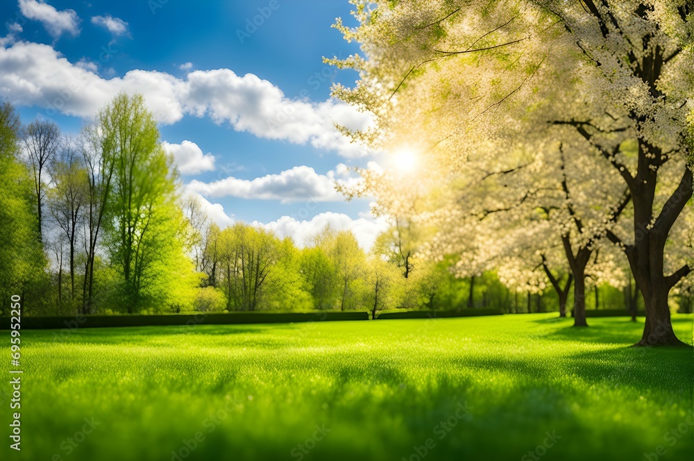 Blurred background image of spring nature with a neatly trimmed lawn surrounded by trees 