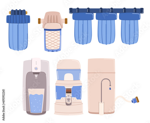 Water Filter Items Vector Set. Activated Carbon, Sediment And Membrane Filters. These Components Remove Impurities