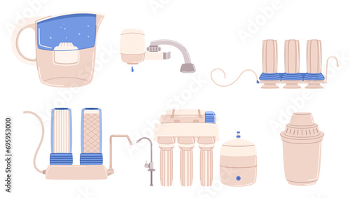 Water Filter Items Vector Set, Includes Faucet-mounted Filter, Pitcher Filter, And Under-sink System. They Purify Water