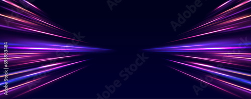 Image of speed motion on the road. Abstract background in blue and purple neon glow colors. Speed of light in galaxy. Panoramic high speed technology concept, light abstract background. Vector.