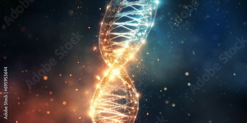 Digital illustration of a glowing DNA double helix with particles