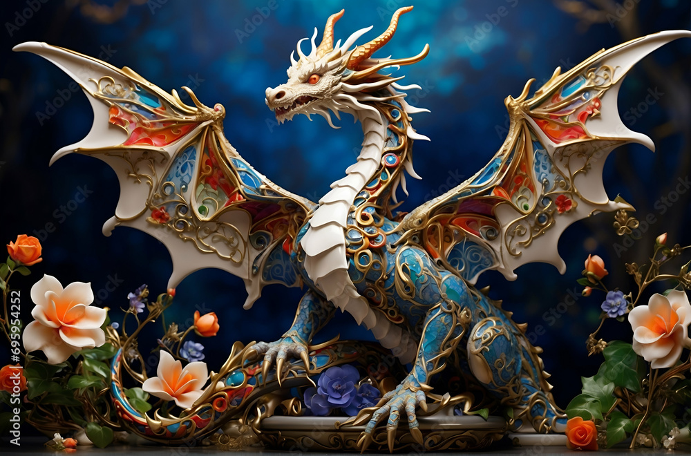 Fototapeta premium A Dragon Statue Spreads Its Wings in Majesty