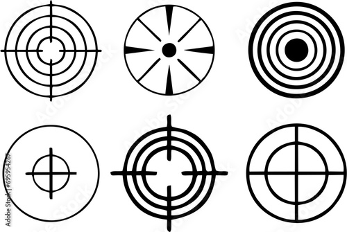 Target icons set in High resolution. Law Enforcement, Symbols to hit or achieve. Poster or banner designing for media and web. Hand drawn Hunting icon, target marketing and goal setting. 
