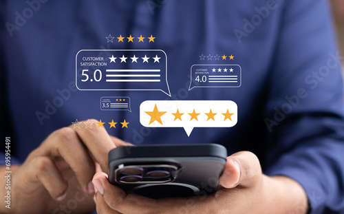 Online customer satisfaction Survey service concept, client rate service from experience in application,Consumer give five-Stars and feedback review for quality, Business reputation ranking from buyer photo