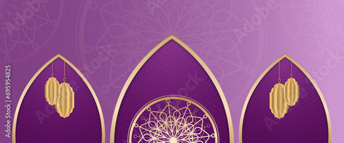 Gold and purple violet vector luxury and elegant banner template ramadan kareem traditional. Ramadan Kareem background for print, poster, cover, brochure, flyer, banner.