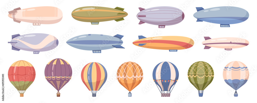 Εκτύπωση καμβά Airships and dirigible, hot air balloons transport with cabin and basket