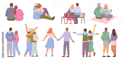 Girlfriend and boyfriend on date, isolated girl and boy. Vector flat cartoon character, couple bag walking and sitting on bench. Man and woman on picnic, embracing and spending time together