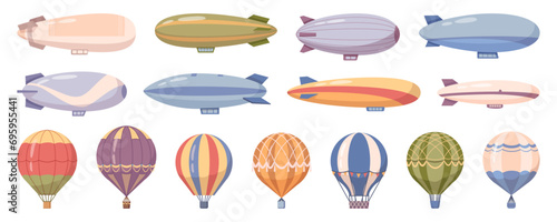 Airships and dirigible, hot air balloons transport with cabin and basket. Vector old aerial transportation, colorful aircraft aviation icons. Vintage transport with propeller, zeppelin in sky