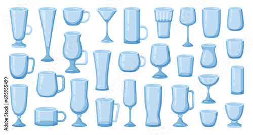 Glassware for beverages, isolated glass cups for drinks and cocktails. Vector mugs with handle, pint for beer, shot for vodka, martini and glacee. Restaurant and home shiny clean crystal dish