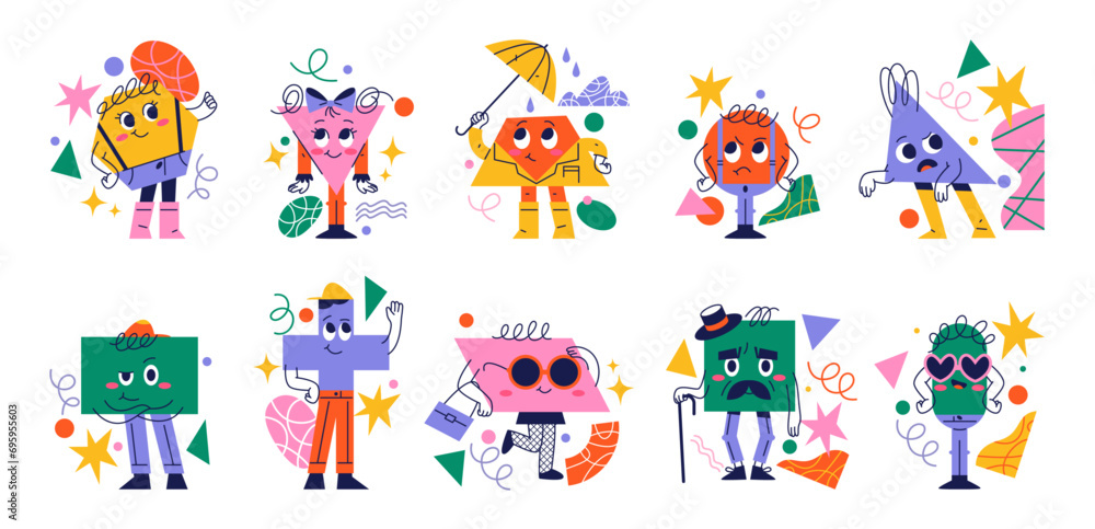 Cute and funny personages with facial expressions. Isolated cross and circle, rectangle and square, oval and triangle figures, learning for children. Vector cartoon character, sticker or emoji