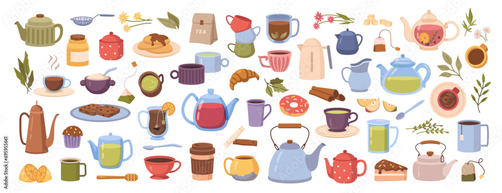 Teacup with desserts, isolated cup of tea. Vector cakes and pancakes for breakfast. Croissant and match, donut and organic natural herbs brewed in pot. Tasty sweets and chamomile beverage Teacup with desserts, isolated cup of tea. Vector cakes and pancakes for breakfast. Croissant and match, donut and organic natural herbs brewed in pot. Tasty sweets and chamomile beverage