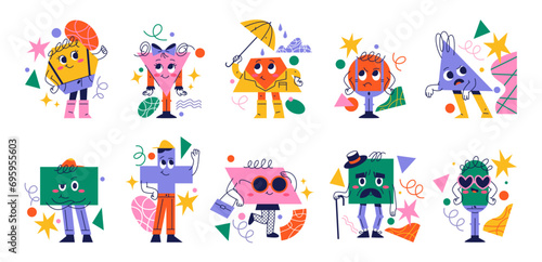 Cute and funny personages with facial expressions. Isolated cross and circle, rectangle and square, oval and triangle figures, learning for children. Vector cartoon character, sticker or emoji