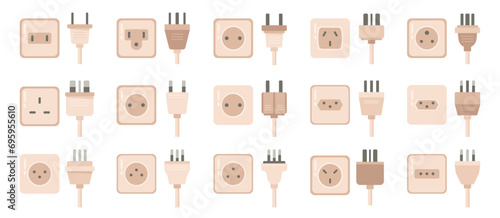 Power sockets with different plugs, isolated electric connector for appliances. Vector changing equipment, ac and supply of energy. Multiple electrical ports for homes or office building walls