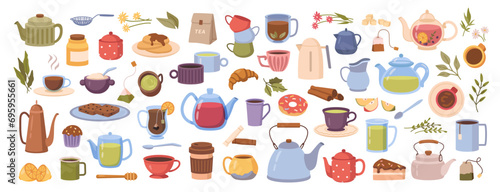 Teacup with desserts, isolated cup of tea. Vector cakes and pancakes for breakfast. Croissant and match, donut and organic natural herbs brewed in pot. Tasty sweets and chamomile beverage