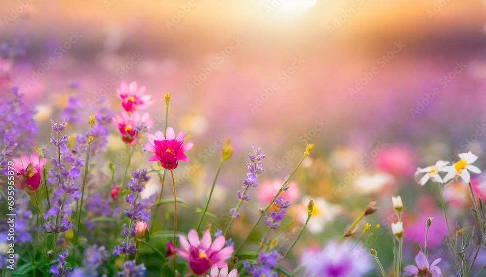beautiful colorful meadow of wild flowers floral background landscape with purple pink flowers with sunset and blurred background soft pastel magical nature copy space