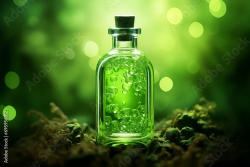 Translucent Green vial bottle perfume. Liquid lab. Generate Ai