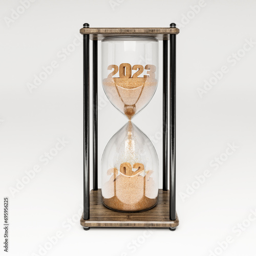 Sand watch 2024. Happy New Year. Greeting card template. 3D rendering. Transition from 2023 to 2024. Loading new year 2023 to 2024.  (ID: 695956225)