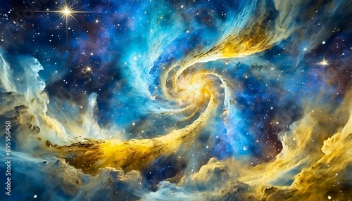 an aweinspiring sight emerges from the swirling clouds and stars of space two cosmic jets one blue and one gold spiral towards each other in a dizzying embrace that reaches out to the limits of sky photo