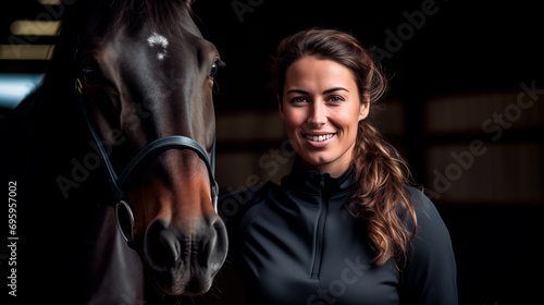 Happy woman and horse in stable, shared joy. 
