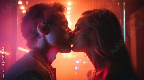 Side view of young man and woman kissing each other with closed eyes while standing in dark room with neon illumination