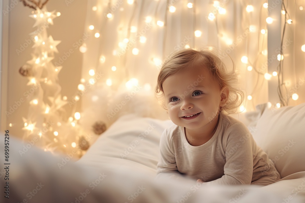 young girl in bedroom decorated with string lights, warm cozy happy festive theme, generative Ai young girl in bedroom decorated with string lights, warm cozy happy festive theme, generative Ai
