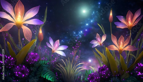 abstract fantasy space plants and glowing flowers extraterrestrial galaxy background with unusual magical nature game or fairy tale beautiful scene deep space stars ai illustration for wallpaper