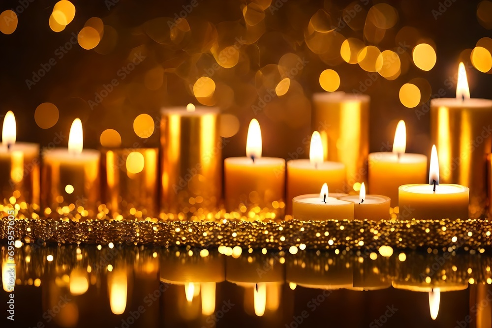 Stylish Golden Scene with Bokeh, Candle, and Room for Text