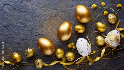 easter decoration with golden eggs on dark shale background