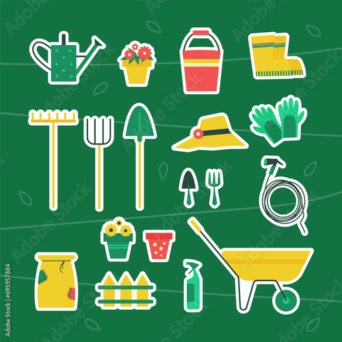 Set of vector gardening stickers with bucket, wheelbarrow, shovel, pitchfork, rake, watering can, plant pot, bag of seeds. Flat illustration set on green background