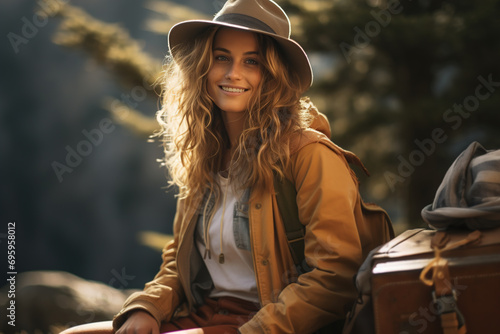 Portrait of a smiling female tourist with a backpack and hat sitting in nature on a sunny day, trip or hike © Sergio
