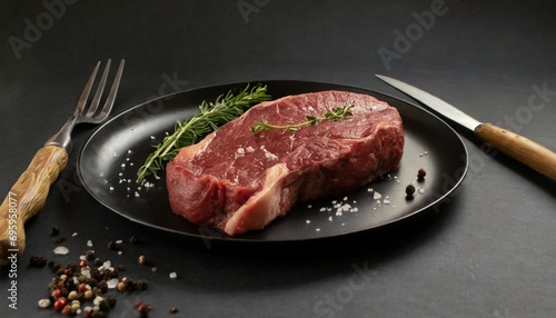 raw fresh rare steak on a black plate on a dark background