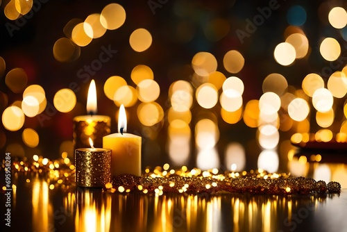 Stylish Golden Composition with Bokeh, Candle, and Text Space