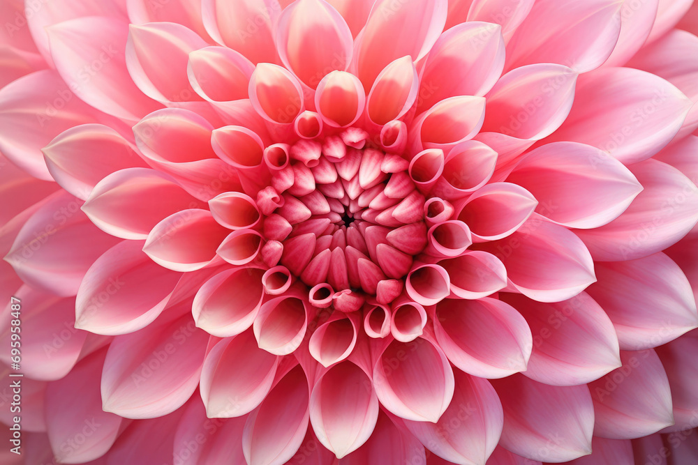 Top view macro close up of pink dahlia flower, floral background