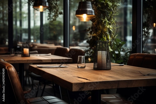 Empty wooden tabletop with a blurred cafe background