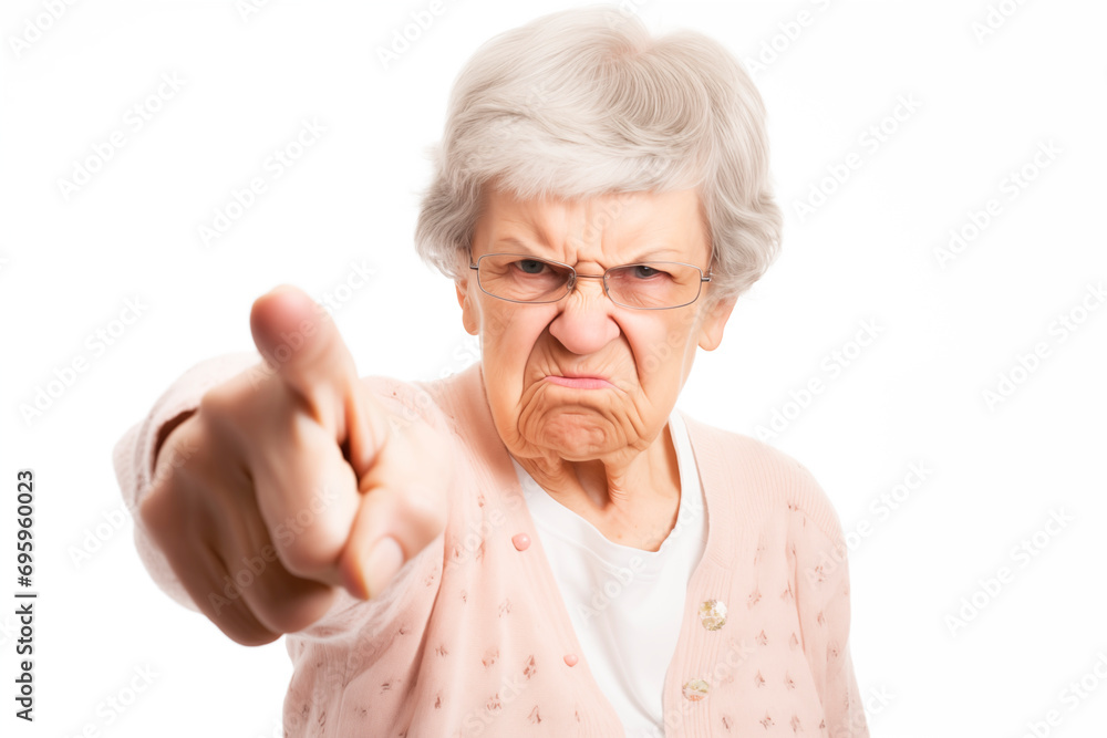 A grandmother pointing with an angry face A grandmother pointing with an angry face