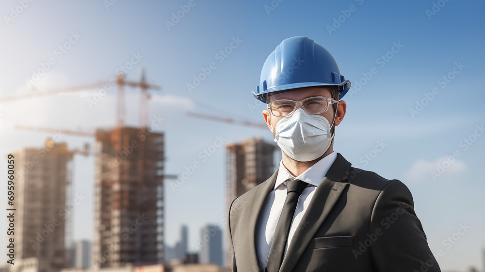 Engineer with helmet and protective mask on construction site Engineer with helmet and protective mask on construction site