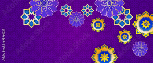 Purple violet blue and yellow vector luxury and elegant banner template ramadan kareem traditional. Ramadan Kareem background for print, poster, cover, brochure, flyer, banner.