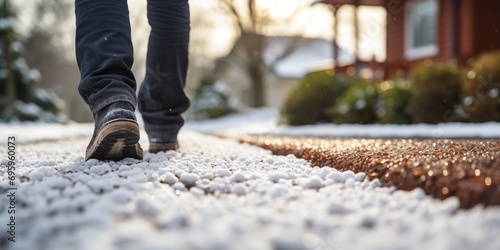 Homeowner salts the path , concept of Snow removal photo