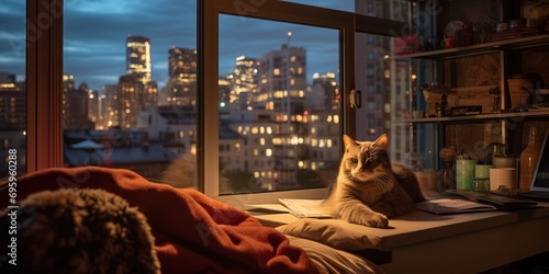 Candid shot of a cat lounging in a cozy city apartment, peeking through the window at the urban landscape below, concept of Indoor feline relaxation © koldunova