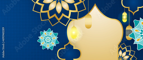 Gold and blue vector luxury and elegant banner template ramadan kareem traditional. Ramadan Kareem background for print, poster, cover, brochure, flyer, banner.