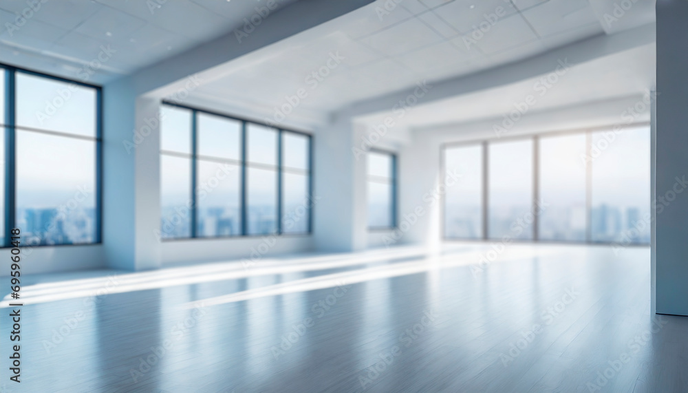 Empty white room with panoramic windows and city view
