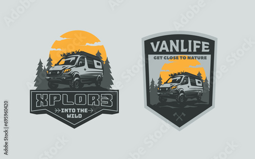 Set of offroad camper van emblems and logo. Logotype for van conversion company. Converted van for offroad expeditions.