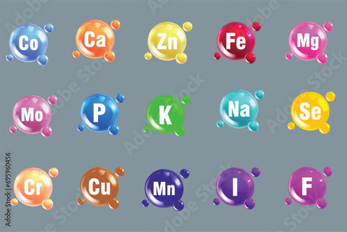 Set of essential supplement icons. Co, Ca, Zn, Fe, Mg, Mo, P, K, Na, Se, Cr, Cu, Mn, I, F