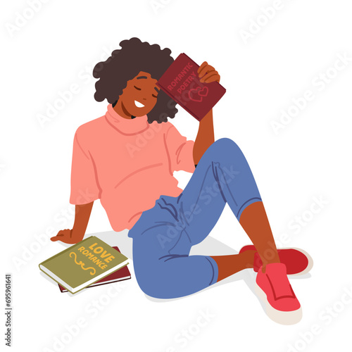 Cute Woman Indulges In The Joy Of Reading Books, Her Enchanting Presence Illuminated By The Pages, Vector Illustration