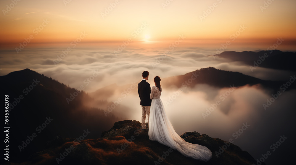 Married couple on top of mountain at dawn enjoying view to the distance.