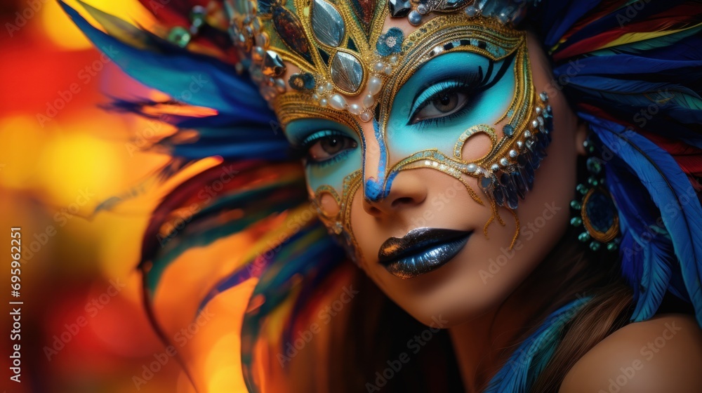 A colorful carnival mask adorning the face of a woman